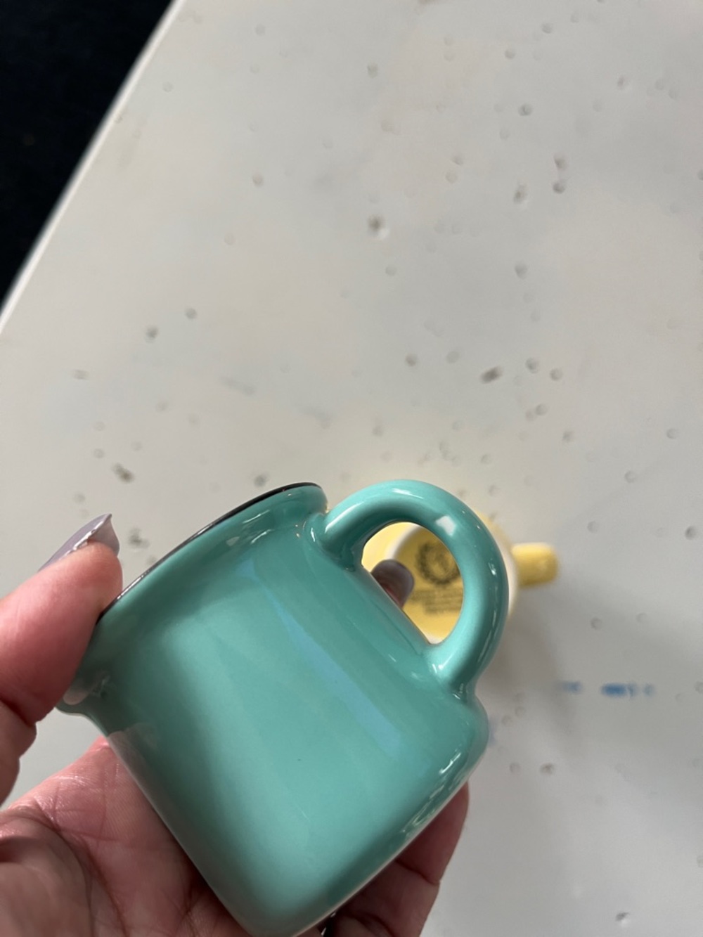 Two-Piece Yellow and Teal Enamel Mini Mugs - Picture 4 of 6